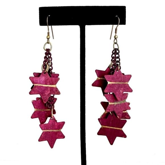 Vintage 1990's Metal Dangling Stars Chain Pierced Earrings Fuchsia & Gold - Picture 1 of 6